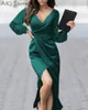 Casual Dresses Women Solid Color Elegant Puff Sleeve Ruched High Slit Satin Wrap Maxi Dress Party