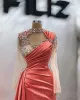 2023 Coral Evening Dresses Long Sleeves Luxury Beaded Mermaid High Neck Satin Custom Made Floor Length Formal Occasion Wear Arabic Prom Gown vestidos