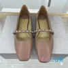 Dress Shoes 2023 Elegant Pink Leather Square Toe Pearl String Bead Front Strap High Heels Mary Jane Women's Mesh Flats Summer