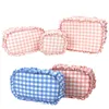 Cosmetic Bags Cases 1pc Ruffle Plaid Cosmetic Bag Letter Patch Personalized Nylon Pink Bule Toiletry Bag Travel Cosmetic Makeup Bag Organizer 230425