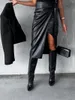 Röcke 2023 Herbst Winter Schwarz PU Leder Midi Rock Sexy Front Split Lace Up Hohe Taille Eleganr Bodycon Party Club mantel Wrap