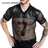 Men's Sexy Fishnet Sheer T-shirt PU Faux Leather Novelty Lingerie Transparent Short Sleeve Nude Fetish Sissy Upper Body Bikini