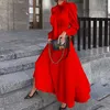 Lässige Kleider Mode Damen All-Match Temperament Schnürung Bogenausschnitt Langarm Volltonfarbe Großer Saum und Knöchelkleid