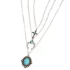 Chains Three-layers Bull Head Turquoise Water Drop Horn Multilayer Necklace Bohemian Jewelry Vintage Clavicle Chain Gift