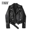 Kvinnorjackor Rarf Spring and Autumn Faux Leather Pu Jacket With Belt Women's Lapel Motorcykeljacka Black Zip Biker Jacket 231124