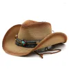 Berets Men Femmes Cowboy Sun Hats beige papier Paille panama chapeau féminin de plage largeur jazz casquette d'été Classic Ladies Brand Fedora Caps