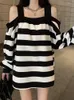 Sweats à capuche pour femmes Femmes Harajuku Sweats rayés Vintage Goth Surdimensionné Stushy Lâche Casual Hors Épaule Pull Tops Kpop Vêtements