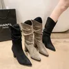 Net red pleated pile up boots women's suede thick heeled knight boots pointed brown high barrel thin and long boots 231116