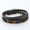 Charm Bracelets Fashion Stainless Steel Men Bracelet Magnetic Clasp Braided Mutilayer Leather Tiger Eye Stone Beads Bangles Man Jewelry