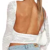 Women's T Shirts Women Lace T-shirts Sheer Crop Tops Spring Autumn Clothes Long Sleeve Open Back Floral Slim Going Out Sexy Club