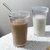 Vinglasögon 375 ml enkel koreansk stil randig glas halm kopp bärbar isamerikansk mjölk kaffe kall dryck juice med lock och