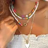 Chaînes 5 Pcs Bolo Vintage Ethnique Coloré Polymère Argile Disque Perle Et Minuscule Or Perles Coeur Pendentif Collier Femme Mode Plage Collier Chaîne