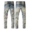 дизайнер amirs Мужские мужские джинсы High Street Фиолетовые джинсы для мужчин Брюки с вышивкой Женские большие рваные заплатки Deni 8696