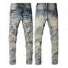 디자이너 Amirs Mens Mens Jeans High Street Purple Jeans for Mens 자수 팬츠 여자 대형 찢어진 패치 홀 Deni 7942