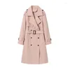 Trench da donna Rosa Casual OL Giacca a vento Donna Autunno 2023 Doppio petto Cappotto lungo allentato Vintage coreano Street Outwears