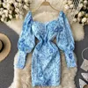 Casual Kleider Blumen gedruckt Vintge Partykleid für Frauen schulterfrei blau elegant schlank Mini Frau Herbst Winter Langarm Robe