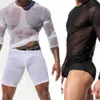 Canottiera alla moda da uomo Camicia a rete in nylon trasparente Abbigliamento gay Slim Party Nightclub T-shirt sexy a maniche lunghe Intimo