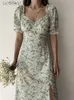 Casual Dresses Summer Sexy Floral Long Dresses Women Elegant Chic Red Backless Slit Beach Dress Casual V Neck Puff Sleeve Dress 230425