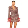 Casual Dresses Women's Winter Sexig långärmad V-Neck Flower Suit Dress Ostrich Feather High Street Print Office