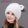 Chapéus Chapéus JERYAFUR Inverno Mulheres Mink Chapéu Vertical Tecelagem Genuína Natural Fur Cap Linda Orelhas de Gato Estilo 231124