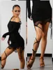 Vêtements de scène léopard robe de danse latine femmes épaule oblique manches longues Rumba Performance Dancewear Sexy Tango Costume DNV17371