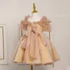 Abiti da ragazza Abito da ballo per bambini Chic Tulle Off The Shoulder Paillettes dorate Princess Kids Girls Party Performance Costume Ball Gown