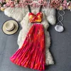 Casual Dresses European Style Beach Fashion Women Set Spaghetti Strap Print Sleeveless Adrapless Elegant Swing Long 2023 Summer