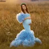 Light Sky Blue Tulle Maternity Robes With Ruffles Fluffy Sleeved Prom Dresses For Pregnant Women Slim Fit Long Mermaid Vestidos Formal Party Gowns Photoshoot CL2201