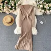 Casual Kleider YuooMuoo Herbst Winter Stricken Langes Kleid Elegant V-Ausschnitt Schlanke Taille Plissee Frauen Weibliche A-Linie Pullover Büro Dame