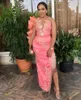 Party Dresses Elegant Slit Prom Long Sleeves Extra Puffy Organza Lace Tassels Aso Ebi Pink Evening Gowns Ankle Length Plus Size