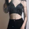 Women's T Shirts Glitter Diamonds Fishnet Feather T-Shirt Tops Women Mesh Long Sleeve O Neck Sexy Hollow Out See Through Club Party Tees