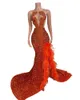 Plumes Orange Robes De Bal Pour Les Filles Noires Haute Split Perlé Femmes Africaines Pageant Robes De Soirée Robe De Graduacion