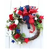 Dekorativa blommor konstgjorda blommor krans självständighetsdagen patriotik för 4 juli USA flagga gröna blad dekor ytterdörr