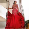 2023 ASO EBI Red Luxurious Red Mermaid Long Sleevestulle Prom Gowns Perals Evening Birthday Party Second Reception Dresses African Dress Engagement Gown St300