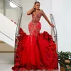 2023 ASO EBI Red Luxurious Red Mermaid Long Sleevestulle Prom Gowns Perals Evening Birthday Party Second Reception Dresses African Dress Engagement Gown St300