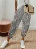 Pantalones de mujer elegantes Vintage Retro con estampado Floral de algodón y lino a la moda con bolsillos y cordón pantalones informales para mujer