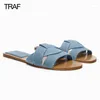 Slippers traf 2023 jeans azul para mulheres sandálias de planos de verão arredondadas dedo ladras casuais slides femininos de praia sapatos chapados