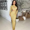 Повседневные платья Женщины мода Goden Shiny Metallic Long Maxi Dress Hounds Осеннее рукав перекрестный вырезанный сексуальный боковой высокий сплит для ночного клуба вечеринка