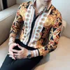 Men's Casual Shirts 2023 Luxury Paisley Gold Printed Shirt Royal Club Clothing Korean Long Sleeve Slim Tuxedo