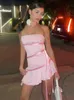 Vestido de dos piezas Fantoye Sexy Strapless Ribbon Ruffle Pink Backless High Elastic Mujer Verano Flaco Spil Party Clubwear 23425