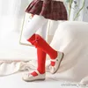 Kids Socks Princess Baby Girls Red Festival Celebration Stockings Pearl Tassel Bow Long Socks Gilding Kids Over The Knee High Socks R231125