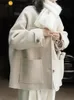 Misturas de lã feminina HanOrange Casaco de inverno Mulheres Vintage Cabelo Macio Solto Confortável Quente Feito à Mão Casaco de Lã Feminino Cinza Damasco 231124