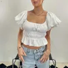 Women's T Shirts Women's Off Shoulder Puff Short Sleeve T-shirts Shirred Waist Ruffle Peplum Blouse Square Neck The Summer Crop Tops