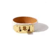 Bangle Classic Women Bracelet High Quality PU Leather Gold Color Stainless Steel Knob Lock Design Charm Female Jewelry