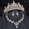 Ensemble de collier et boucles d'oreilles, couleurs dorées, couronne rouge pour filles, diadèmes roses et bijoux de fête de bal de mariage, accessoire de mariée