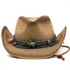 Berets Men Women Cowboy Sun Hats Beige Paper Straw Panama Hat Female Beach Wide Brim Jazz Cap Summer Classic Ladies Brand Fedora Caps