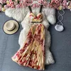 Casual Dresses European Style Beach Fashion Women Set Spaghetti Strap Print Sleeveless Adrapless Elegant Swing Long 2023 Summer