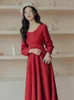 Casual Dresses Spring Vintage French Daily Hepburn Style Fashion Slim Beaded Square Collar Temperament Elegant Red Party Dress Vestido Robe