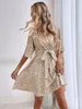 Casual Dresses Liti Summer Dresses for Women Allover Print Butterfly Sleeve Belted Dress V Neck Print Dress Mini Beach Wear Ruffles Dress 230505