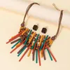 Necklace Earrings Set African Style Jewelry Accessories Ethnic Leather Rope Chain Wooden Batten Tassel Pendants Drop Earrins